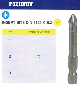 Биты крестовые РZ2х 75мм S2 цилиндрические с насечкой DIN3126 хвостовик Е1/4 PROFI "CNIC" в упаковке 10 шт. 