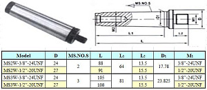 Оправка КМ2 / 3/8"-24UNF без лапки (М10х1.5), для резьбовых патронов "CNIC" (MS2W-3/8-24UNF) 